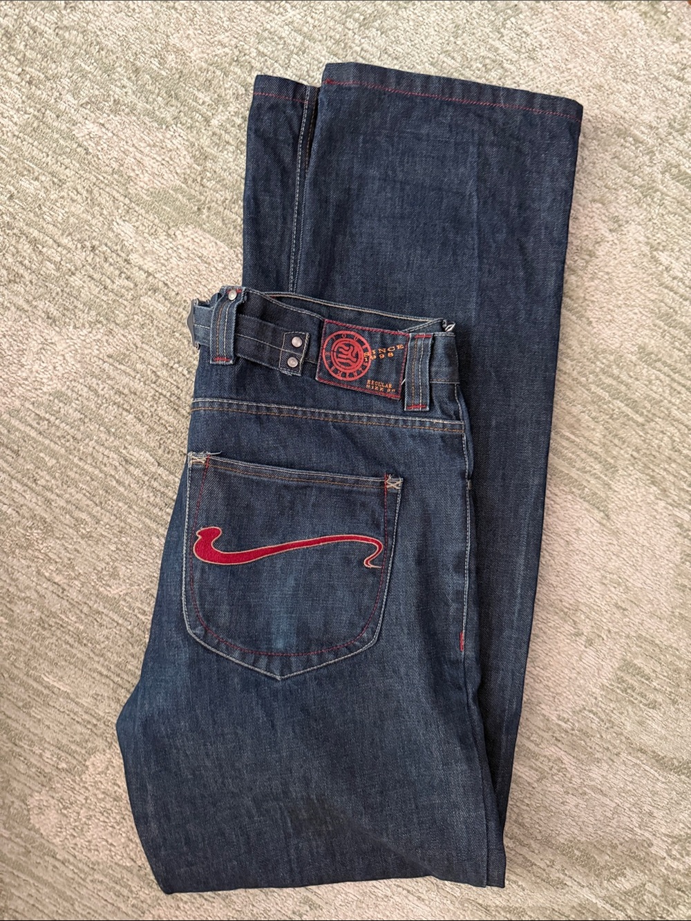Swedish Four Elements Men's Dark Blue Straight Jeans with Red Back Pocket Accent